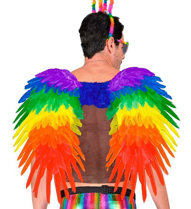 Faltbare Regenbogen-Federflügel mit bunten Federn auf schwarzem Hintergrund
