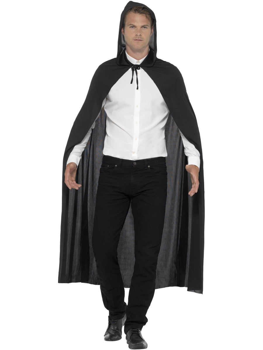 Smiffys schwarzes Vampir-Cape mit Kapuze für Erwachsene – Produktansicht