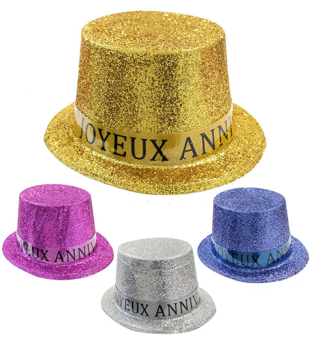 Bunter Zylinder mit Schriftzug Joyeux Anniversaire in verschiedenen Farben