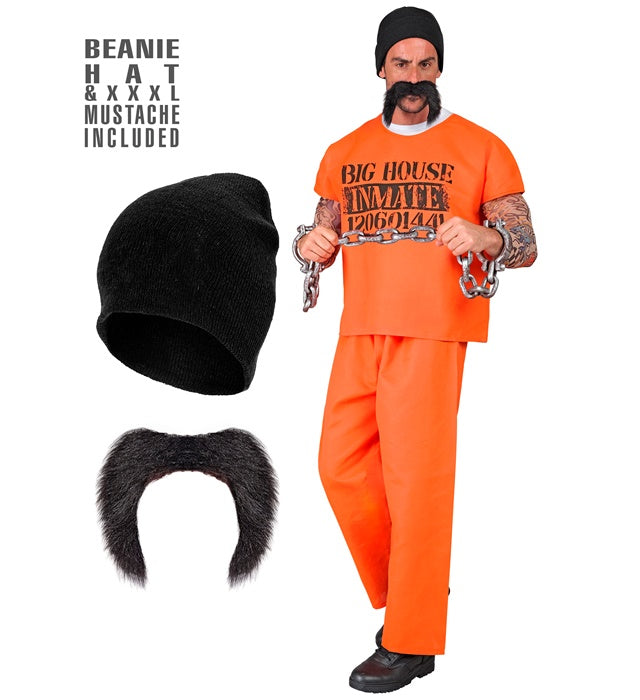 Häftling-Kostüm mit schwarz-weiss gestreiftem T-Shirt, Hose, Mütze und Schnurrbart