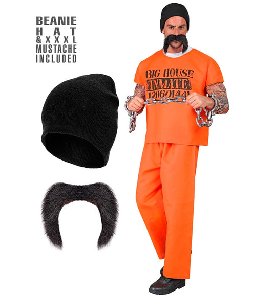 Häftling-Kostüm mit schwarz-weiss gestreiftem T-Shirt, Hose, Mütze und Schnurrbart