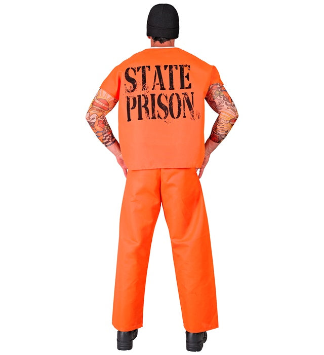 Häftling-Kostüm mit schwarz-weiss gestreiftem T-Shirt, Hose, Mütze und Schnurrbart