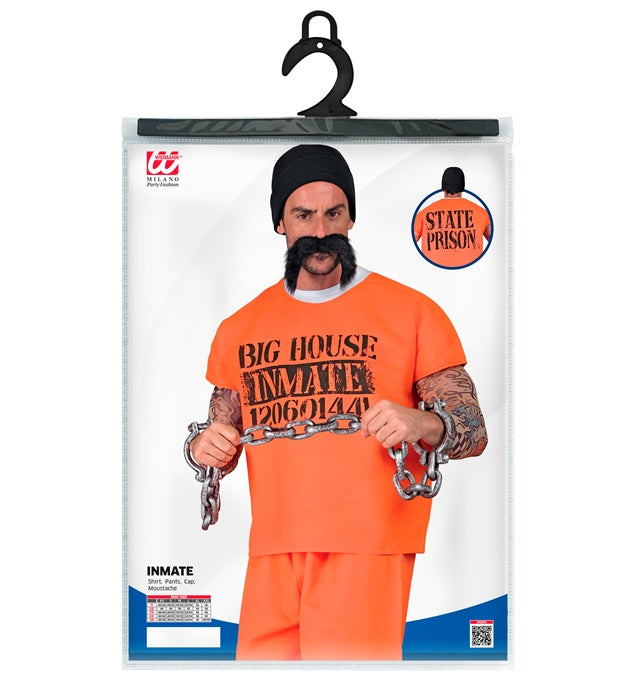 Häftling-Kostüm mit schwarz-weiss gestreiftem T-Shirt, Hose, Mütze und Schnurrbart
