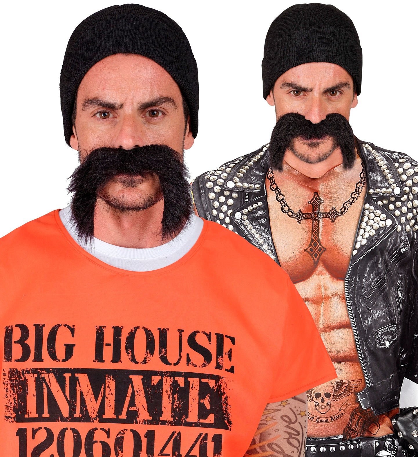 Kostüm Set Häftling / Biker Mütze, Schnurrbart