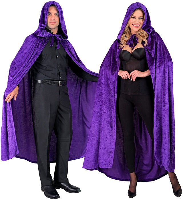 Violetter Samt-Umhang mit Kapuze 140 cm lang als Kostümzubehör für Fasnacht und Halloween