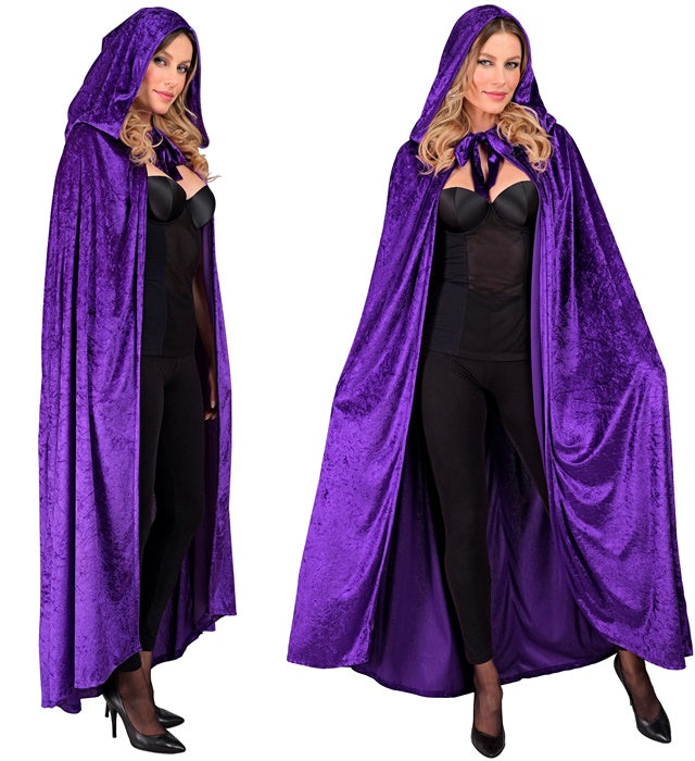 Violetter Samt-Umhang mit Kapuze 140 cm lang als Kostümzubehör für Fasnacht und Halloween