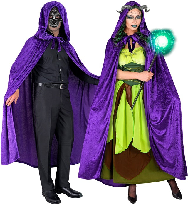 Violetter Samt-Umhang mit Kapuze 140 cm lang als Kostümzubehör für Fasnacht und Halloween