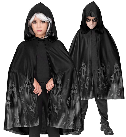 Schwarzer Geister Umhang 75cm mit Totenköpfen für Kinder