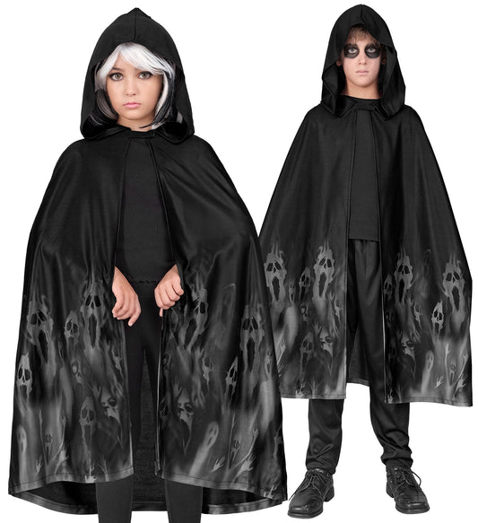 Schwarzer Geister Umhang 90cm mit Totenköpfen für Kinder