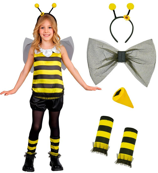 Bienen-Kostüm Set mit gelb-schwarzem Oberteil, Shorts, Flügeln und Fühlern