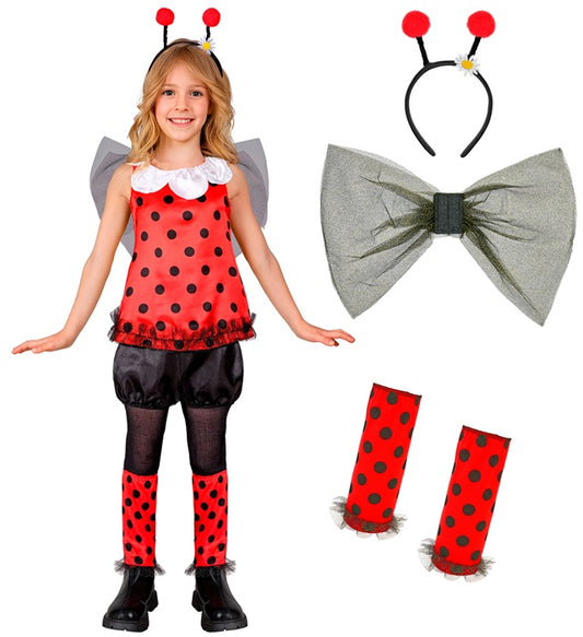 Marienkäfer Kostüm mit Flügeln, Fühlern, Oberteil, Shorts und Stulpen für Fasnacht