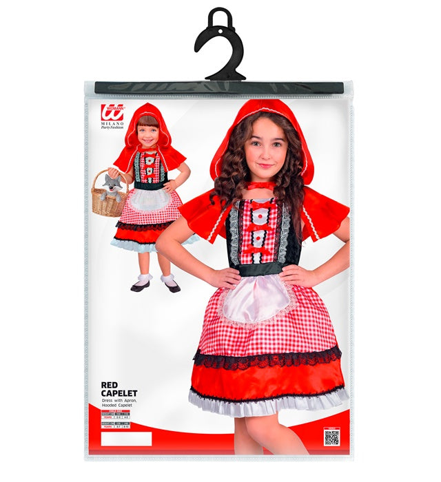 Rotkäppchen Kostüm bestehend aus rotem Kleid, Schürze und rotem Kapuzenmantel