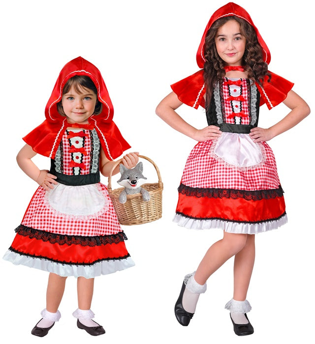 Rotkäppchen Kostüm bestehend aus rotem Kleid, Schürze und rotem Kapuzenmantel