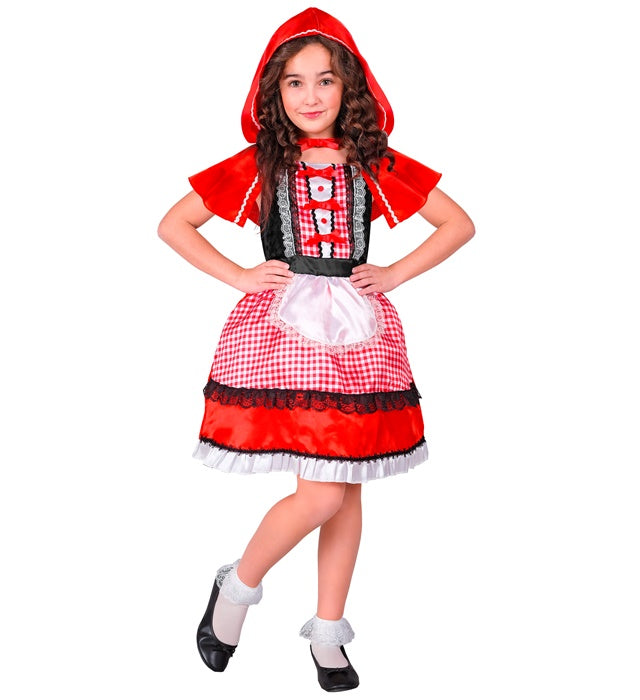 Rotkäppchen Kostüm bestehend aus rotem Kleid, Schürze und rotem Kapuzenmantel