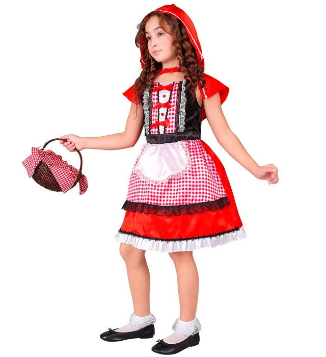 Rotkäppchen Kostüm bestehend aus rotem Kleid, Schürze und rotem Kapuzenmantel