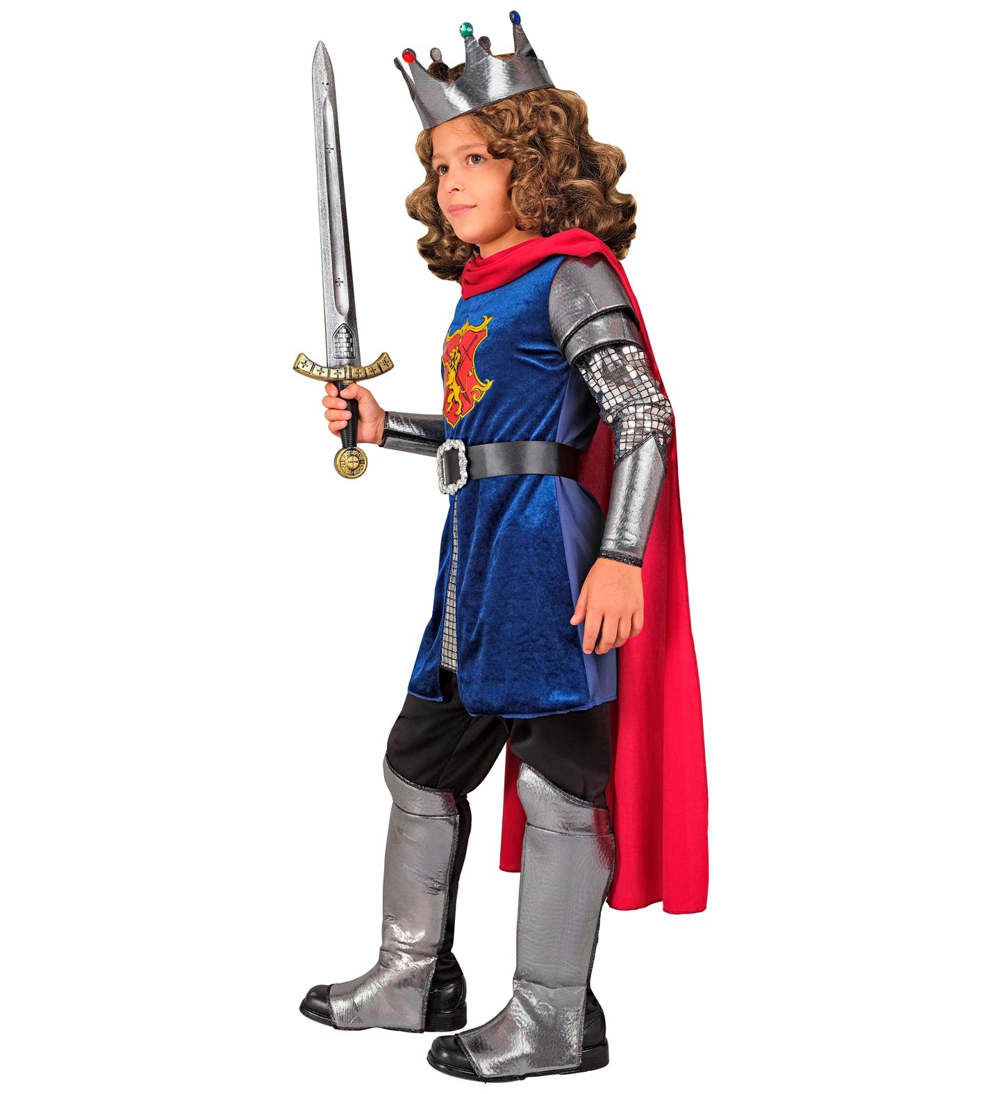 Jungen König Kostüm mit Oberteil mit Umhang, Gürtel, Armstulpen, Krone, Stiefelüberzieher