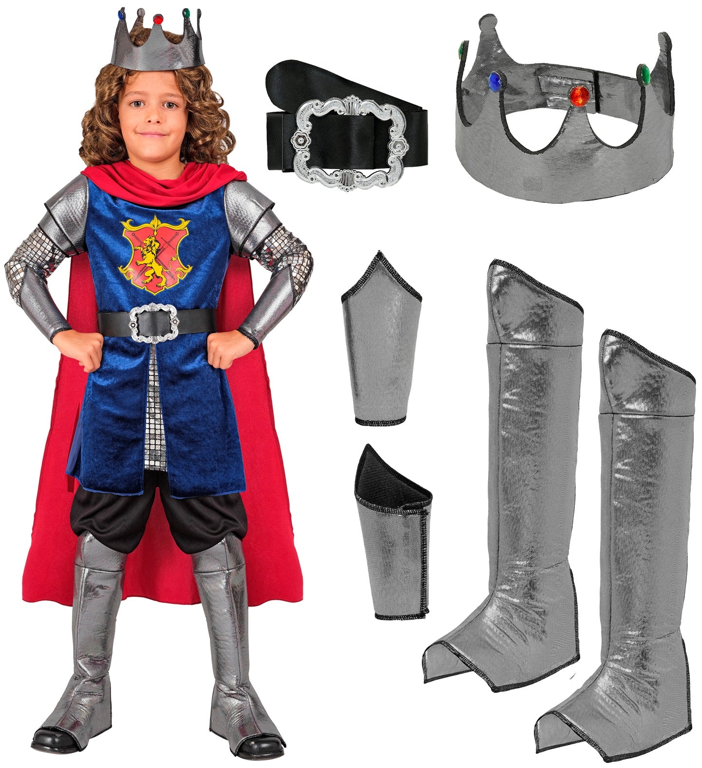 Jungen König Kostüm mit Oberteil mit Umhang, Gürtel, Armstulpen, Krone, Stiefelüberzieher
