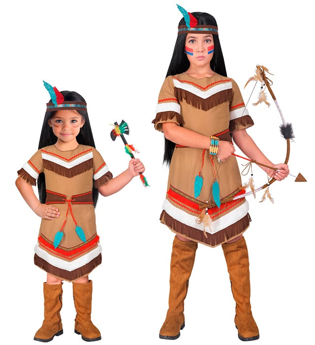 Indianerin-Kostüm mit Kleid, Gürtel und Federstirnband für Fasnacht
