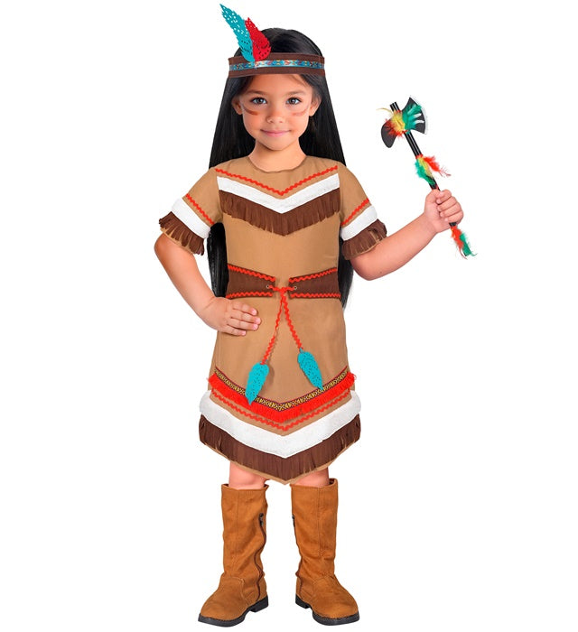Indianerin-Kostüm mit Kleid, Gürtel und Federstirnband für Fasnacht
