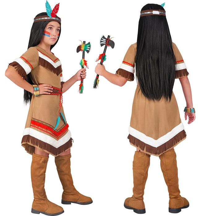 Indianerinnen-Kostüm mit Kleid, Gürtel und Federstirnband auf weißem Hintergrund