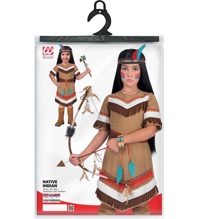 Indianerinnen-Kostüm mit Kleid, Gürtel und Federstirnband auf weißem Hintergrund