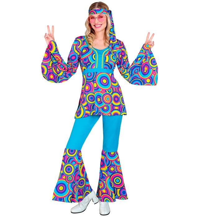 THE 70s Groovy Style Kostüm blau mit Bubble-Print bestehend aus Oberteil, Hose und Stirnband