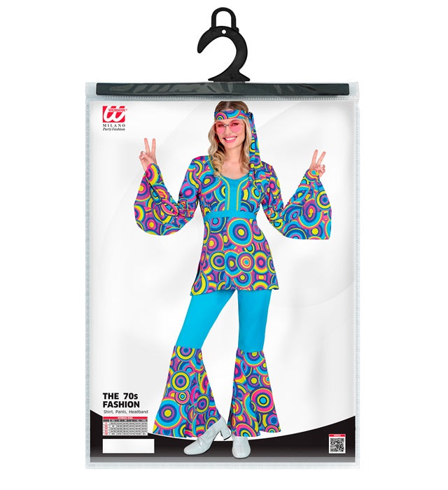 THE 70s Groovy Style Kostüm blau mit Bubble-Print bestehend aus Oberteil, Hose und Stirnband