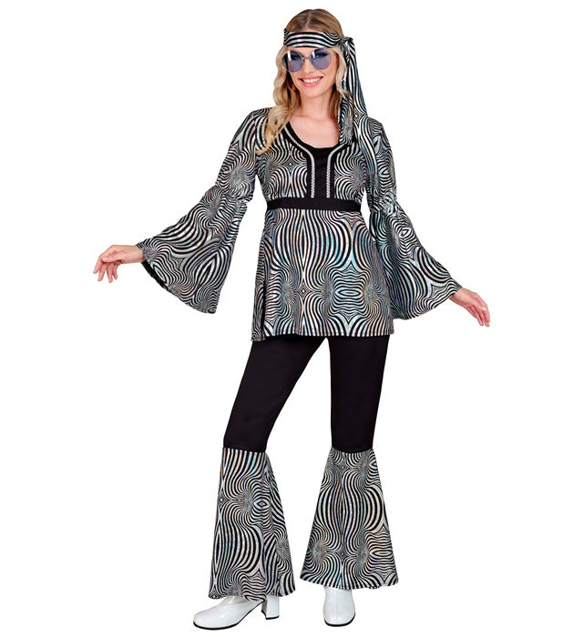 70er Jahre silbernes Disco Kostüm mit Oberteil, Hose und Stirnband
