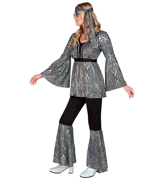 70er Jahre silbernes Disco Kostüm mit Oberteil, Hose und Stirnband