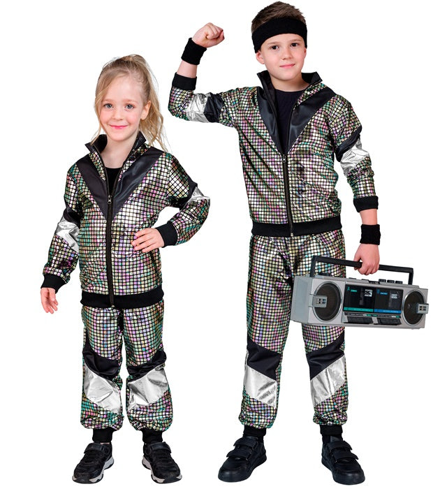 Bunter 80er Jahre Trainingsanzug mit reflektierendem Oberteil und Hose