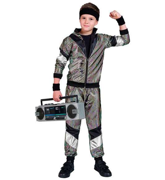 Bunter 80er Jahre Trainingsanzug mit reflektierendem Oberteil und Hose