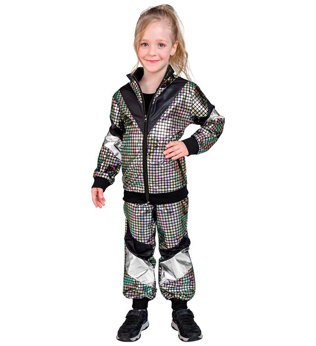Bunter 80er Jahre Trainingsanzug mit reflektierendem Oberteil und Hose