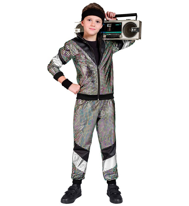 Bunter 80er Jahre Trainingsanzug mit reflektierendem Oberteil und Hose