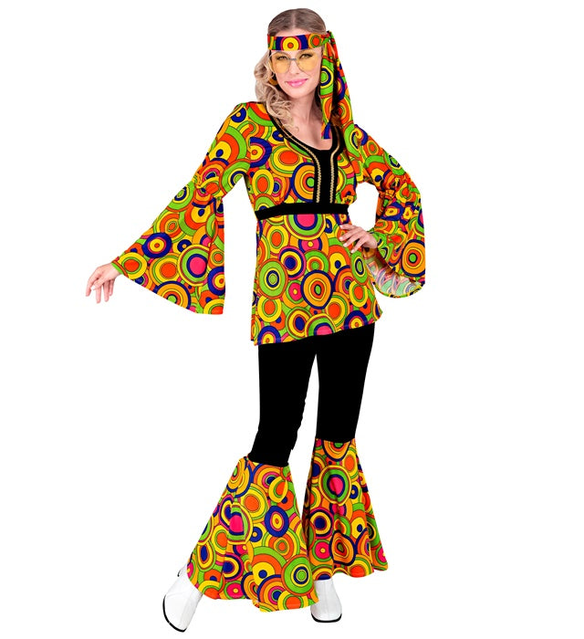 THE 70s Groovy Style Kostüm mit gelben Kreisen bestehend aus Oberteil, Hose und Stirnband