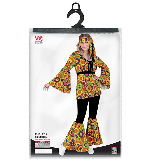 THE 70s Groovy Style Kostüm mit gelben Kreisen bestehend aus Oberteil, Hose und Stirnband