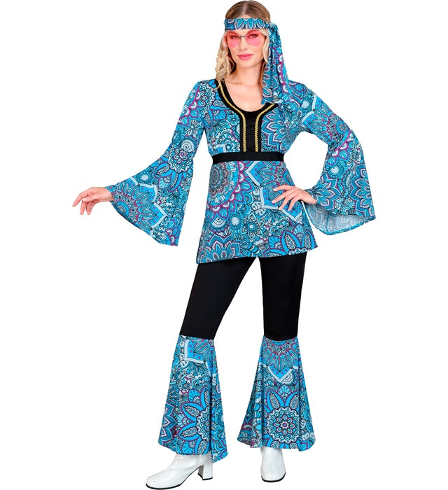 60er Jahre Hippie Kostüm mit blauem Mandala Oberteil, Hose und Stirnband