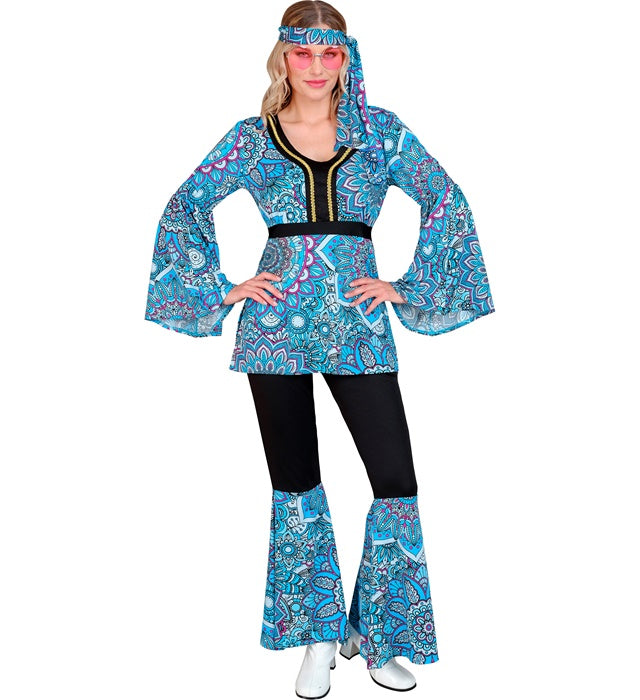 60er Jahre Hippie Kostüm mit blauem Mandala Oberteil, Hose und Stirnband