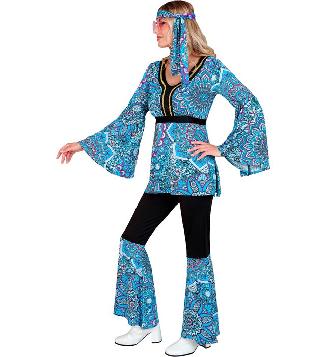 60er Jahre Hippie Kostüm mit blauem Mandala Oberteil, Hose und Stirnband