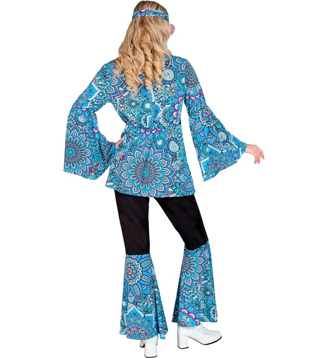 60er Jahre Hippie Kostüm mit blauem Mandala Oberteil, Hose und Stirnband