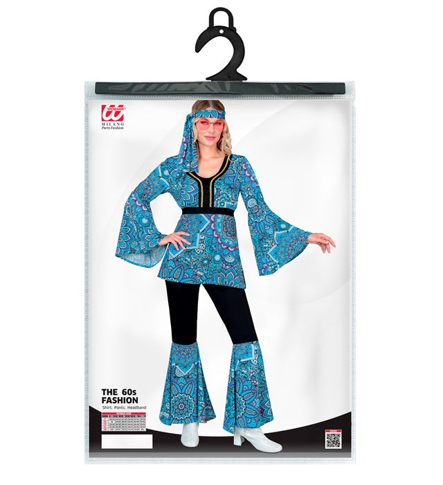 60er Jahre Hippie Kostüm mit blauem Mandala Oberteil, Hose und Stirnband