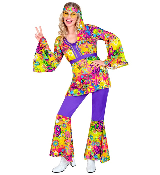60er Jahre Hippie Kostüm Set mit Oberteil, Hose und Stirnband in buntem Peace & Love Design
