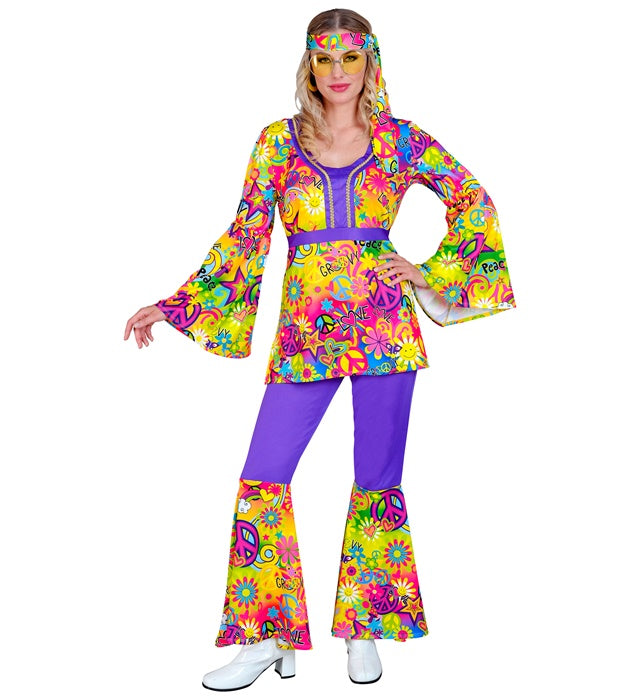 60er Jahre Hippie Kostüm Set mit Oberteil, Hose und Stirnband in buntem Peace & Love Design