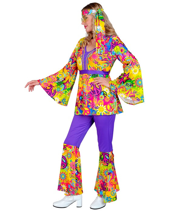 60er Jahre Hippie Kostüm Set mit Oberteil, Hose und Stirnband in buntem Peace & Love Design