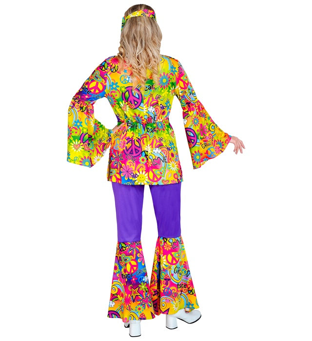 60er Jahre Hippie Kostüm Set mit Oberteil, Hose und Stirnband in buntem Peace & Love Design