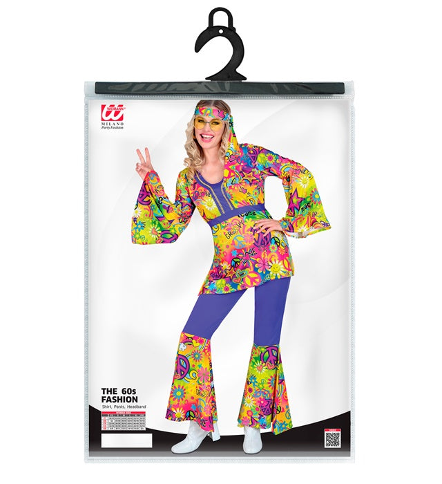 60er Jahre Hippie Kostüm Set mit Oberteil, Hose und Stirnband in buntem Peace & Love Design