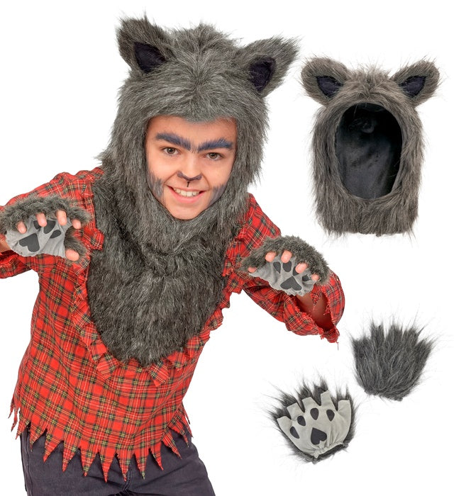 Werwolf-Kostüm Oberteil mit Kapuze und Handschuhen für Fasnacht