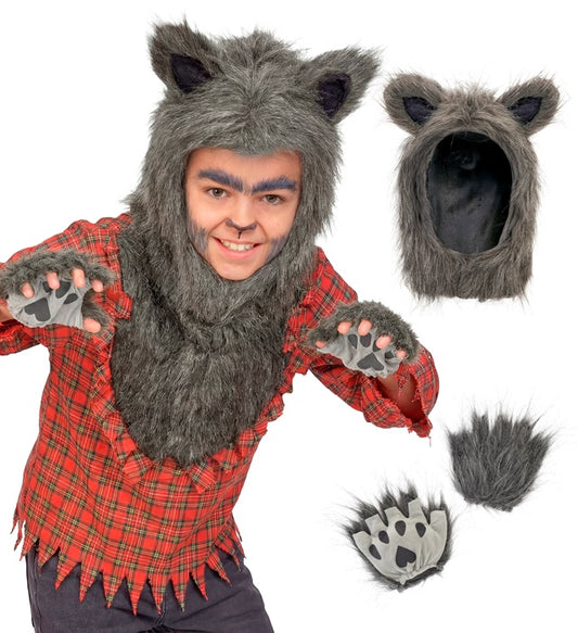 Werwolf-Kostüm Oberteil mit Kapuze und Handschuhen für Fasnacht