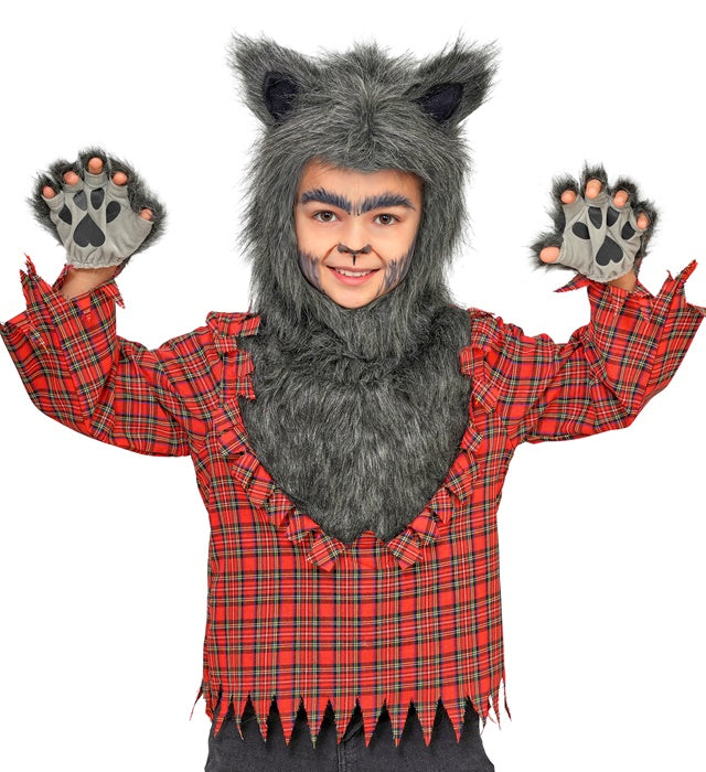 Werwolf-Kostüm Oberteil mit Kapuze und Handschuhen für Fasnacht