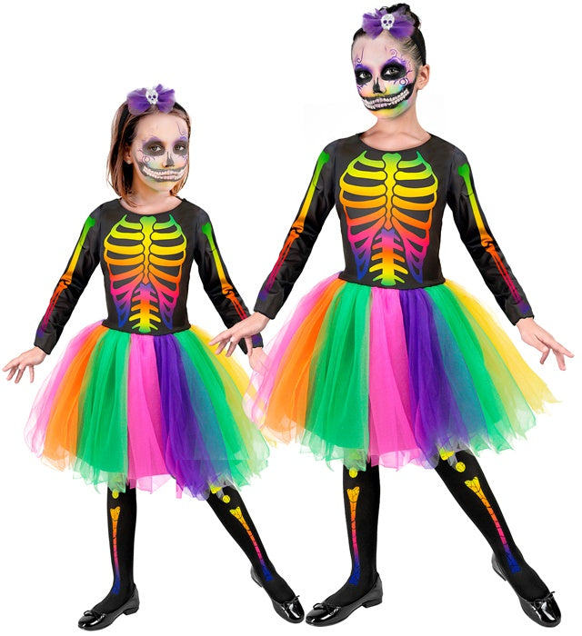 Skelett-Kostüm mit schwarzem Kleid, Tutu und Haarreif mit Totenkopf und Schleife