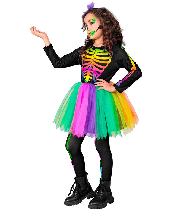 Skelett-Kostüm mit schwarzem Kleid, Tutu und Haarreif mit Totenkopf und Schleife